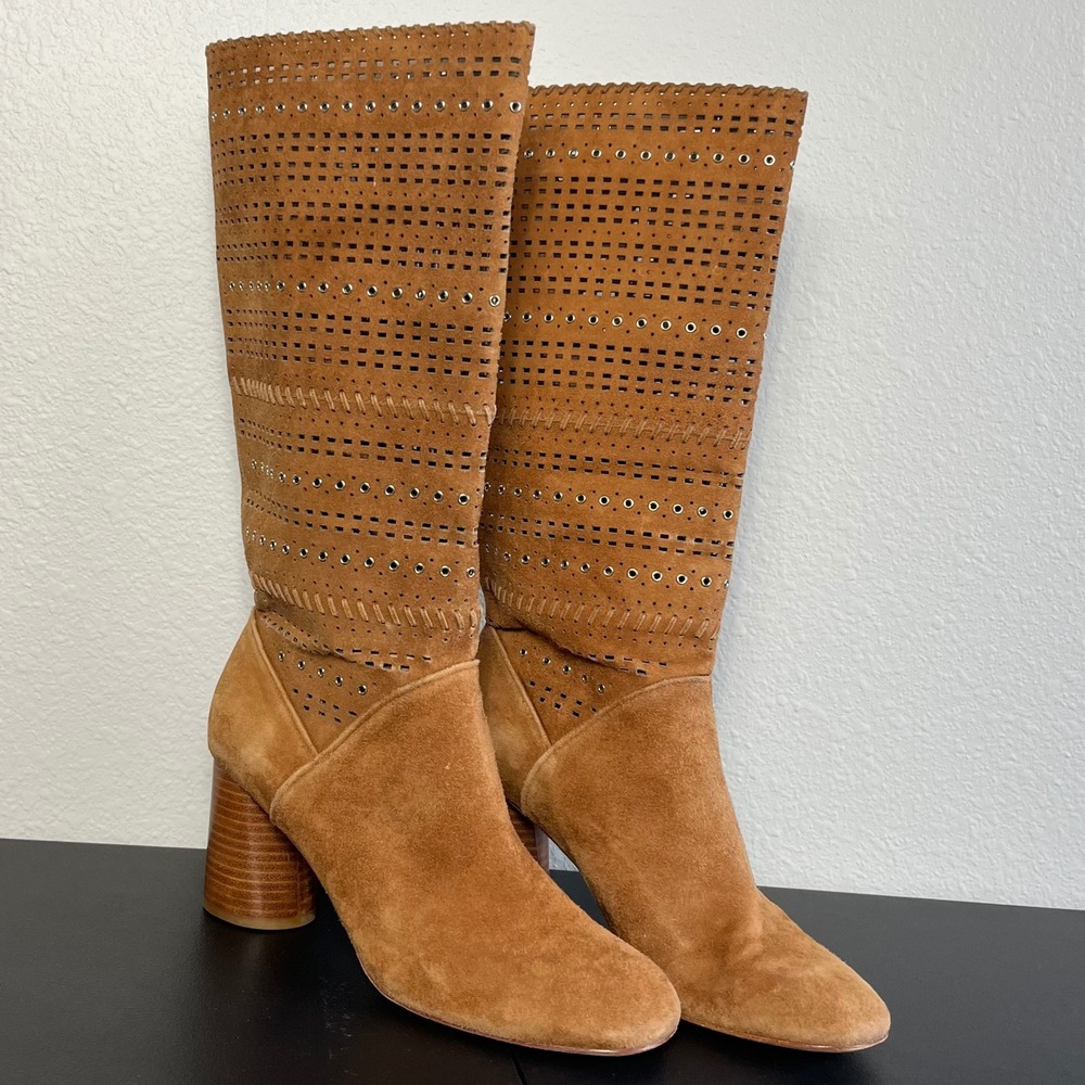 Donald J Pliner Laser Cut Suede Tall Block Heel Boots Cognac Sz 9 Pull on Boho